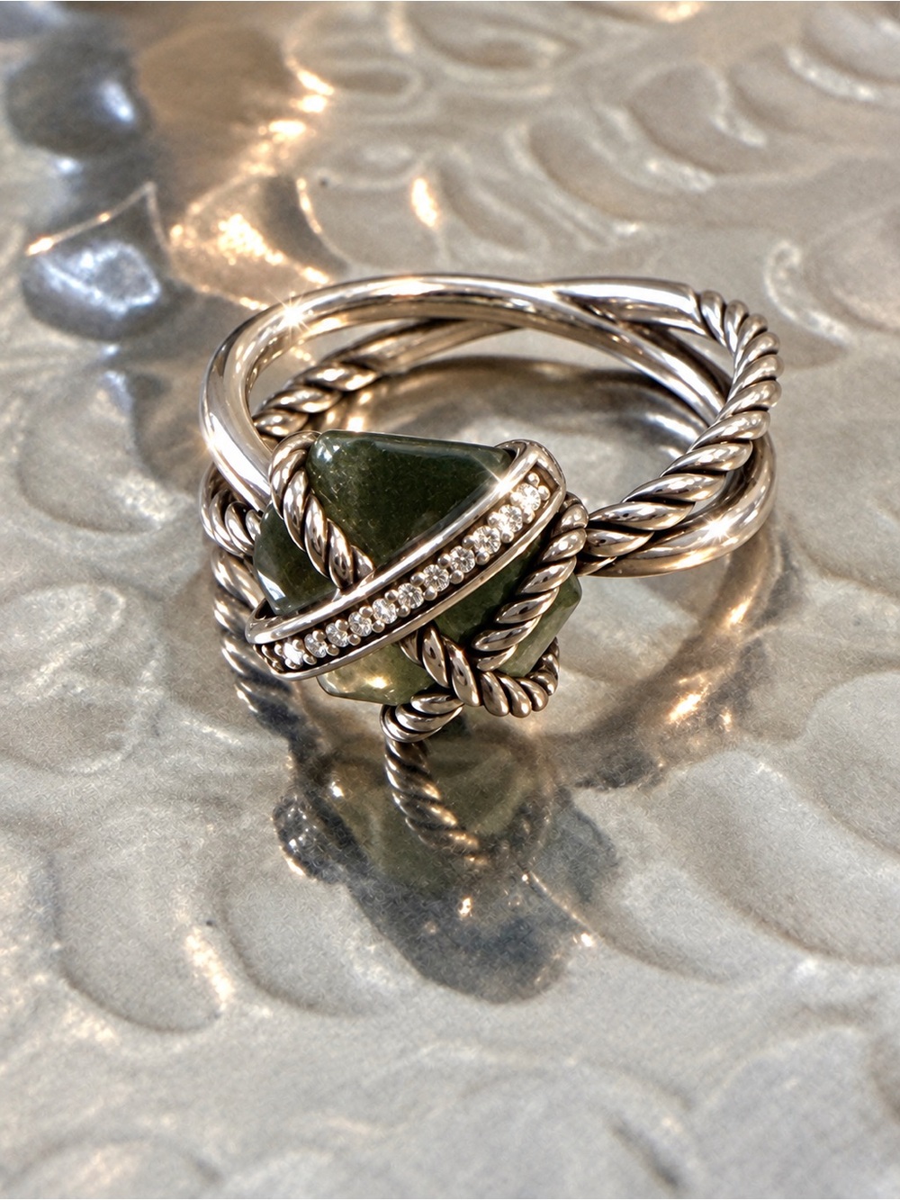 David Yurman Prasiolite & Diamond Cable Wrap Cocktail Ring. Size 7